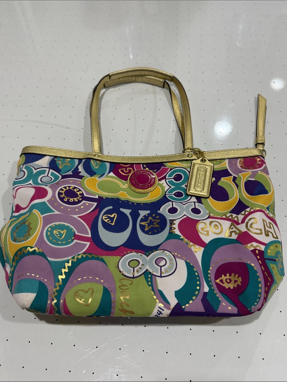 Coach Multicolor Patterned Shoulder Bag /tote with Gold Trim